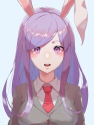Rule 34 | 1girl, animal ears, black jacket, blazer, blush, breasts, collared shirt, commentary request, cookie (touhou), grey background, hisui (cookie), jacket, johnnyyyyy, long hair, long sleeves, looking at viewer, medium breasts, necktie, open mouth, purple eyes, purple hair, rabbit ears, rabbit girl, red necktie, reisen udongein inaba, round teeth, shirt, simple background, solo, swept bangs, teeth, tongue, touhou, upper body, upper teeth only, white shirt