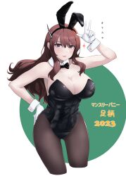 Rule 34 | 1girl, absurdres, animal ears, ashigara (kancolle), bare shoulders, black leotard, black pantyhose, blush, bow, bowtie, breasts, brown eyes, brown hair, cleavage, covered navel, cowboy shot, dated, detached collar, fake animal ears, gloves, green background, hairband, highres, jouzaburou (joe3), kantai collection, large breasts, leotard, long hair, looking at viewer, open mouth, pantyhose, playboy bunny, rabbit ears, smile, solo, strapless, strapless leotard, traditional bowtie, wavy hair, white background, white gloves, wrist cuffs