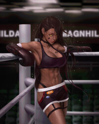 Rule 34 | 1girl, abs, absurdres, armpits, bandaged arm, bandages, black choker, black tank top, boxing gloves, boxing ring, breast tattoo, breasts, brown hair, character name, choker, cleavage, closed mouth, commentary, crop top, dark-skinned female, dark skin, elbow gloves, facial mark, feet out of frame, fieryonion, garter straps, girls&#039; frontline, girls&#039; frontline neural cloud, gloves, hair over one eye, highres, hip vent, indoors, large breasts, lips, long hair, looking at viewer, magnhilda (neural cloud), muscular, muscular female, navel, one eye covered, solo, tank top, tattoo, thigh strap, very long hair, water drop, wet, yellow eyes