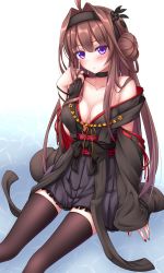 Rule 34 | 10s, 1girl, ahoge, alternate color, alternate headwear, bare shoulders, blush, breasts, brown hair, brown thighhighs, choker, cleavage cutout, clothing cutout, color switch, commentary request, fingernails, hair intakes, hair ornament, hairband, hairclip, highres, kantai collection, kongou (kancolle), large breasts, long hair, looking at viewer, nail polish, nontraditional miko, off shoulder, purple eyes, sitting, skirt, solo, thighhighs, wide sleeves, yoye (pastel white)