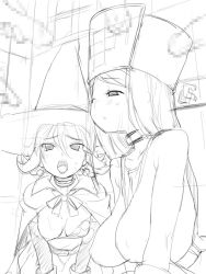Rule 34 | 2girls, blush, breasts, censored, chunsoft, dragon quest, dragon quest iii, earrings, enix, greyscale, hat, jewelry, large breasts, long hair, mage (dq3), mitre, monochrome, mosaic censoring, multiple girls, nora higuma, open mouth, penis, priest (dq3), sketch, sweat, witch hat