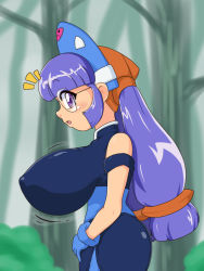 Rule 34 | 1girl, arihachi52, breasts, covered erect nipples, forest, glasses, huge breasts, mon colle knights, nature, purple hair, solo, tagme