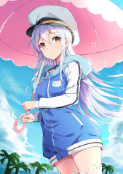 Rule 34 | 10s, 1girl, absurdres, bad id, bad pixiv id, blue hair, blue jacket, blue sky, blush, boots, brown eyes, closed mouth, cloud, commentary request, day, hair between eyes, hat, highres, holding, holding umbrella, hood, hood down, hooded jacket, island (game), jacket, long hair, long sleeves, looking away, ohara rinne, outdoors, pastel colors, peaked cap, pink umbrella, sky, smile, solo, thighs, tree, umbrella, user nexz2257, white footwear, white hat