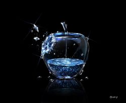 Rule 34 | apple, artist name, black background, blue theme, breaking, cocon (cocon q), food, food focus, fruit, glass, glint, highres, light particles, no humans, original, signature, simple background, still life, twitter username, water, water drop