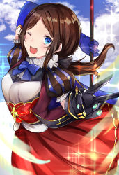 Rule 34 | 1girl, absurdres, bad id, bad pixiv id, black bow, blue bow, blue eyes, blue gloves, blue sky, blush, bow, bowtie, breasts, brown dress, brown hair, dress, elbow gloves, fate/grand order, fate (series), forehead, gauntlets, gloves, hair bow, highres, leonardo da vinci (fate), leonardo da vinci (fate/grand order), leonardo da vinci (rider) (fate), long hair, looking at viewer, one eye closed, open mouth, parted bangs, ponytail, puff and slash sleeves, puffy short sleeves, puffy sleeves, red skirt, short sleeves, single gauntlet, skirt, sky, small breasts, smile, solo, sparkle, staff, v, zaza (zazam s)