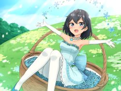1girl, :d, absurdres, alternate costume, armpits, bangs, bare shoulders, basket, black hair, blue eyes, blue flower, blue footwear, blue sky, blush, breasts, collarbone, commentary, day, dress, elbow gloves, flower, gloves, greater lophorina (kemono friends), head wings, highres, in basket, jewelry, kemono friends, looking at viewer, medium breasts, nature, necklace, open mouth, outdoors, outstretched arms, pantyhose, shiraha maru, shoes, short hair, sky, smile, solo, spread arms, strapless, strapless dress, white dress, white gloves, white legwear