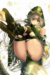 Rule 34 | 1girl, arknights, ass, bare arms, black footwear, black thighhighs, blurry, boots, branch, brown eyes, crocodilian tail, depth of field, dress, feet up, fingerless gloves, full body, gloves, goggles, goggles around neck, green dress, green hood, green panties, grey hair, highres, legs up, long hair, maronmokaet, panties, petals, simple background, solo, tail, thighhighs, thighs, tomimi (arknights), torn clothes, torn thighhighs, underwear, white background
