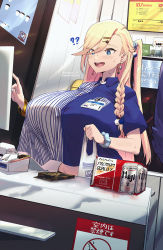Rule 34 | 1girl, ?, ??, beer can, blonde hair, blue eyes, blue shirt, blush, breasts, can, collared shirt, crop top, crop top overhang, drink can, earrings, highres, huge breasts, jewelry, long hair, magister, nail polish, open mouth, original, pandora smith (magister), shirt, short sleeves, smile, solo, swept bangs