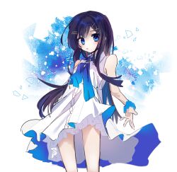 Rule 34 | 1girl, bare shoulders, black hair, blue dress, blue eyes, blue hair, blue ribbon, brooch, bubble, buttons, cevio, collared dress, colored inner hair, dot nose, dress, feet out of frame, floating hair, futaba minato, gradient neck ribbon, hair ornament, hairclip, highres, ishitsuki ( 0101 831), jewelry, lace, lace-trimmed dress, lace trim, layered dress, light blush, long hair, looking at viewer, multicolored hair, parted lips, ribbon, scrunchie, sidelocks, sleeveless, sleeveless dress, solo, two-tone dress, white dress, wrist scrunchie, x hair ornament