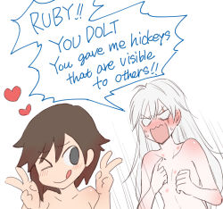 Rule 34 | aftersex, angry, blush, breasts, heart, hickey, lowres, nagasawa (tthnhk), naughty face, ruby rose, rwby, smile, topless, weiss schnee, yuri