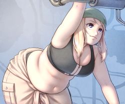 Rule 34 | 1girl, bandana, belly, better-with-salt, blonde hair, blue eyes, breasts, cleavage, clothes around waist, crop top, fat rolls, fullmetal alchemist, highres, industrial pipe, large breasts, lips, navel, plump, smile, solo, winry rockbell, zipper