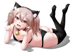 Rule 34 | 1girl, animal ears, ass, bad id, bad twitter id, bell, black bra, black choker, black panties, black thighhighs, bra, brown eyes, brown hair, cat ears, choker, commentary request, fang, flat chest, full body, jingle bell, kantai collection, kirigakure (kirigakure tantei jimusho), long hair, looking at viewer, open mouth, panties, paw pose, ryuujou (kancolle), simple background, skin fang, smile, solo, thighhighs, twintails, underwear, white background
