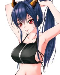 Rule 34 | 1girl, arknights, armpits, arms up, bare arms, bare shoulders, bikini, black bikini, blue hair, breasts, ch&#039;en (arknights), ch'en (arknights), chain&#039;s, collarbone, commentary, dragon horns, female tourist c (arknights), hair between eyes, hair tie in mouth, highres, horns, large breasts, long hair, looking at viewer, mouth hold, navel, official alternate costume, ponytail, red eyes, simple background, smile, solo, stomach, swimsuit, tying hair, upper body, white background