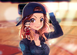 Rule 34 | &gt;:), 1boy, 1girl, arm up, artist name, backwards hat, ball, basketball court, basketball uniform, black hat, black shirt, blurry, blurry background, blush, borrowed character, breasts, brown eyes, brown hair, closed mouth, commission, forehead, full body, grin, hat, hyanna-natsu, indoors, kneehighs, lips, long sleeves, medium breasts, mini person, miniboy, original, partially unbuttoned, shirt, short sleeves, smile, socks, sportswear, standing, teeth, upper body, v-shaped eyebrows, white socks