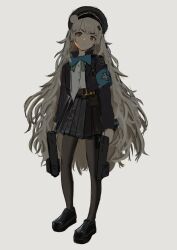 Rule 34 | 1girl, armband, belt pouch, black footwear, black hat, black jacket, black pantyhose, black skirt, blue armband, blue bow, blue bowtie, bow, bowtie, brown eyes, cross, dual wielding, full body, goddess of victory: nikke, grey hair, gun, hair bun, hair ornament, hairclip, hat, head tilt, highres, holding, holding weapon, jacket, loafers, long hair, looking at viewer, military hat, military jacket, open clothes, open jacket, pantyhose, peaked cap, pleated skirt, pouch, s1gedd, shirt, shoes, sidelocks, simple background, single hair bun, skirt, soline (nikke), solo, standing, submachine gun, untucked shirt, very long hair, wavy hair, weapon, white shirt