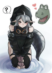 Rule 34 | 1girl, ?, absurdres, ahoge, arknights, bare shoulders, black thighhighs, blush, brown eyes, commentary, covered navel, crocodile, crocodilian, crocodilian tail, heart, highres, hood, large tail, long sleeves, looking at viewer, pointy ears, ripples, short hair, silver hair, spoken question mark, tail, thighhighs, thighs, tomimi (arknights), uth 95, wading, white background