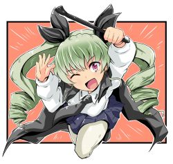 Rule 34 | 10s, 1girl, ;d, anchovy (girls und panzer), anzio school uniform, arms up, black border, black cape, black footwear, black necktie, black ribbon, black skirt, border, cape, commentary, dress shirt, drill hair, emphasis lines, full body, girls und panzer, green hair, hair ribbon, holding, holding riding crop, jumping, kitayama miuki, long hair, long sleeves, looking at viewer, miniskirt, necktie, one eye closed, open mouth, outside border, pantyhose, pleated skirt, red background, red eyes, ribbon, riding crop, school uniform, shirt, shoes, skirt, smile, solo, twin drills, twintails, white pantyhose, white shirt