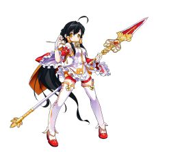 Rule 34 | 1girl, ahoge, ara haan, ara han, asymmetrical clothes, black hair, detached sleeves, elsword, frills, full body, hair tubes, highres, little hsien (elsword), long hair, looking at viewer, official art, polearm, ponytail, red footwear, sando (dukedevil), shoes, shorts, shorts under skirt, sidelocks, skirt, smile, solo, spear, standing, thighhighs, transparent background, very long hair, weapon, white background, white skirt, white thighhighs, wide sleeves, yellow eyes
