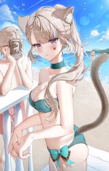 Rule 34 | 1girl, 2boys, animal ears, ass, beach, bikini, blonde hair, blue sky, blush, breasts, brother and sister, camera, cat ears, cat girl, cat tail, choker, closed eyes, freminet (genshin impact), genshin impact, highres, holding, holding camera, looking at viewer, lynette (genshin impact), lyney (genshin impact), male swimwear, mayuma (mayuma 0715), multiple boys, o-ring, o-ring top, ponytail, purple eyes, siblings, sky, small breasts, swim trunks, swimsuit, tail, taking picture