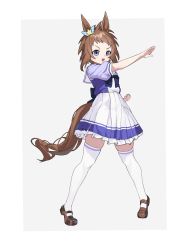 Rule 34 | 1girl, animal ears, biko pegasus (umamusume), blue eyes, brown footwear, brown hair, clenched hand, ear ornament, full body, highres, horse ears, horse girl, horse tail, mosou keito, parted lips, sailor collar, school uniform, serafuku, short hair, short sleeves, simple background, skirt, solo, standing, tail, thighhighs, tracen school uniform, two-tone background, umamusume, white sailor collar, white thighhighs