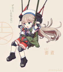 Rule 34 | 1girl, adapted costume, black footwear, black gloves, blue sailor collar, boots, brown background, character name, commentary request, cross-laced footwear, dated, gloves, green eyes, grey hair, gun, harness, hat, kantai collection, knee pads, lace-up boots, long hair, low twintails, mikura (kancolle), nakaaki masashi, open mouth, puffy short sleeves, puffy sleeves, red shorts, sailor collar, sailor hat, sailor shirt, shirt, short sleeves, shorts, solo, submachine gun, translation request, twintails, twitter username, two-tone background, undershirt, weapon, weapon request, white hat, white shirt