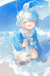 Rule 34 | 1girl, :d, ^ ^, absurdres, arona (blue archive), barefoot, beach, blue archive, blue hair, blue shirt, bow, bow hairband, bowtie, braid, choker, closed eyes, colored inner hair, commentary request, facing viewer, full body, hairband, highres, hlymoriia, holding, holding umbrella, light blue hair, long hair, long sleeves, looking at viewer, multicolored hair, open mouth, pink hair, sailor collar, school uniform, serafuku, shirt, skirt, smile, solo, squatting, umbrella, water, white bow, white bowtie, white choker, white hairband, white sailor collar, white skirt