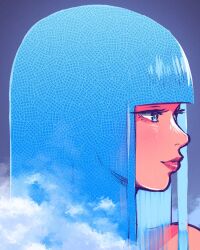 Rule 34 | 1girl, akairiot, bare shoulders, blue eyes, blue hair, blunt bangs, blush, closed mouth, commentary, english commentary, from side, grey hair, highres, lips, long hair, original, simple background, smile, solo, upper body