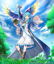 Rule 34 | 1girl, bird, book, boots, braid, breasts, churayuki, cleavage, cloud, company name, covered navel, day, feathered wings, flower, full body, grass, green eyes, gyakushuu no fantasica, hair ornament, hairclip, leaf, long hair, official art, open mouth, sky, solo, teeth, tree, twin braids, wings