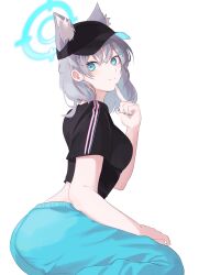 Rule 34 | 1girl, absurdres, alternate costume, animal ear fluff, animal ears, aqua eyes, aqua pants, baseball cap, black shirt, blue archive, blush, breasts, commentary request, cropped shirt, ears through headwear, extra ears, fingerless gloves, gloves, grey hair, halo, hat, highres, korean commentary, light smile, looking at viewer, medium breasts, nail polish, pants, shiroko (blue archive), shirt, simple background, smile, solo, stanl2y, white background, wolf ears