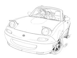 Rule 34 | 1girl, car, driving, eunos roadster, greyscale, lineart, long hair, mazda, mazda mx-5, mazda mx-5 na, monochrome, motor vehicle, one eye closed, right-hand drive, smile, vehicle, vehicle focus, watanabe (yellow comet ap1), wink