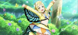 Rule 34 | 1girl, alternate hairstyle, animal print, aqua wings, artist name, artist request, bandeau, bare legs, belt, black belt, black choker, blonde hair, blue flower, blue wings, blush, boots, bow, braid, breasts, brown eyes, bug, butterfly, butterfly print, butterfly wings, choker, clenched hands, collarbone, crown braid, female focus, flower, forest, frilled skirt, frills, green eyes, hair bow, hat, hat bow, highres, insect, insect wings, jacket, long sleeves, looking at viewer, love live!, love live! school idol festival, love live! sunshine!!, mitaiken horizon, nature, ohara mari, outdoors, outstretched arms, outstretched hand, parted lips, pink flower, purple flower, shoes, short hair, skirt, smile, solo, standing, standing on one leg, sunlight, tree, twintails, white bandeau, white bow, white butterfly, white skirt, wings, yellow butterfly, yellow eyes, yellow flower, yellow footwear, yellow jacket, yellow neckwear, yellow skirt