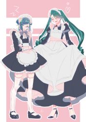 Rule 34 | 1boy, 1girl, alternate hairstyle, androgynous, apron, aqua eyes, aqua hair, black dress, bow, bowtie, closed eyes, commentary request, creatures (company), crossdressing, disgust, double bun, dress, frilled dress, frills, full body, furrowed brow, game freak, green hair, grusha (pokemon), hair bun, happy, heart, height difference, high heels, highres, long hair, maid, maid apron, maid headdress, nintendo, open mouth, pink background, pokemon, pokemon sv, punta, red brooch, rika (pokemon), skirt hold, standing, thighhighs, trap, twintails, white apron, white background, white thighhighs, zettai ryouiki