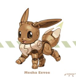 Rule 34 | artist name, character name, creatures (company), eevee, english text, full body, game freak, gen 1 pokemon, looking at viewer, lordyanyu, mechanization, nintendo, no humans, open mouth, pokemon, pokemon (creature), robot, simple background, solo, white background
