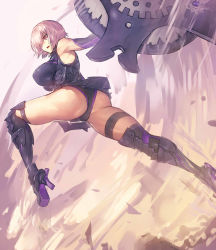 Rule 34 | &gt;:o, 1girl, :o, armor, armored boots, armored dress, armpits, ass, bare legs, bare shoulders, black dress, black footwear, black panties, boots, breasts, commentary request, dress, elbow gloves, eyes visible through hair, fate/grand order, fate (series), female focus, from side, frown, full body, gloves, hair over one eye, high heel boots, high heels, huge ass, huge breasts, knee boots, large breasts, legband, legs, light purple hair, looking away, mash kyrielight, melon22, open mouth, panties, purple eyes, purple gloves, serious, shield, short dress, short hair, solo, thick thighs, thigh strap, thighs, type-moon, underwear, v-shaped eyebrows