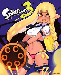 Rule 34 | 1girl, agent 3 (splatoon 3), bikini, black background, blonde hair, blue background, blush, breasts, colored tongue, condom, condom belt, crop top, dark-skinned female, dark skin, fangs, gloves, gluteal fold, heavy splatling (splatoon), highres, holding, holding weapon, ink tank (splatoon), inkling, inkling girl, inkling player character, large breasts, long hair, looking at viewer, mole, mole under eye, multiple condoms, navel, necktie, nintendo, open mouth, panties, pink panties, pointy ears, pubic tattoo, rezodwel, shirt, smile, solo, splatoon (series), standing, striped clothes, striped panties, sweat, sweatdrop, swimsuit, tattoo, tentacle hair, thigh strap, thong, thong bikini, underboob, underwear, used condom, weapon, white shirt, yellow eyes, yellow tongue