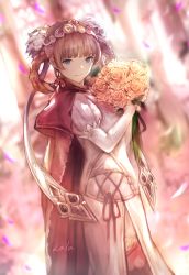 Rule 34 | 1girl, absurdres, bad id, bad twitter id, blonde hair, blue eyes, blunt bangs, bouquet, braid, braided hair rings, breasts, brown hair, cape, closed mouth, commentary request, dress, elbow gloves, flower, gloves, granblue fantasy, hair ornament, hair rings, hairband, highres, holding, holding bouquet, jewelry, juliet (granblue fantasy), lala (0915 yu), long hair, medium breasts, multicolored background, pink hair, puffy sleeves, red cape, signature, solo, tiara, white dress, white gloves