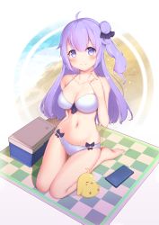 Rule 34 | 1girl, ahoge, azur lane, bare legs, bare shoulders, barefoot, beach, beach towel, bikini, bird, black bow, blush, bow, box, breasts, cellphone, checkered floor, chicken, chunyineo, cleavage, closed mouth, collarbone, day, full body, highres, long hair, looking at viewer, medium breasts, navel, one side up, outdoors, phone, pointing, pointing at self, purple eyes, purple hair, sitting, smartphone, smile, solo, standing, swimsuit, tareme, towel, unicorn (azur lane), very long hair, wariza, water, white bikini