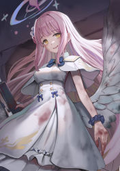 Rule 34 | angel wings, blood, blood on clothes, blood on face, blood on hands, blue archive, blue bow, bow, capelet, dress, feathered wings, gun, halo, highres, mika (blue archive), pink hair, scrunchie, smile, sunga2usagi, weapon, white dress, wings, wrist scrunchie, yellow eyes