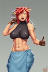 Rule 34 | 1girl, abs, animal ears, apron, arm up, bare shoulders, braid, carrying, carrying over shoulder, cat ears, cat girl, collar, commission, farmer, gloves, gradient background, green eyes, grey background, highres, lvl (sentrythe2310), muscular, muscular female, one eye closed, open mouth, original, red hair, signature, simple background, sleeveless, slit pupils, smile, sweat, tan, teeth, thumbs up, twin braids