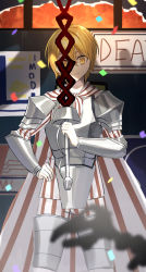 Rule 34 | 1girl, absurdres, armor, blonde hair, cape, closed mouth, don quixote (project moon), hand on own hip, highres, holding, holding weapon, lance, limbus company, otoshiro kosame, pants, polearm, project moon, shirt, short hair, striped cape, striped clothes, striped pants, striped shirt, weapon, yellow eyes