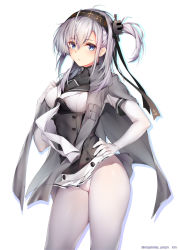 Rule 34 | 1girl, artist name, blue eyes, breasts, cameltoe, cloak, closed mouth, clothes lift, contrapposto, cowboy shot, elbow gloves, expressionless, gloves, hair between eyes, hairband, hand on own hip, headband, highres, kantai collection, looking at viewer, medium breasts, medium hair, miniskirt, no panties, obiwan, one side up, pantyhose, pleated skirt, revision, ribbon, silver hair, simple background, skirt, skirt lift, solo, standing, suzutsuki (kancolle), turtleneck, twitter username, underbust, white background, white gloves, white pantyhose
