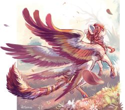 Rule 34 | braid, brown hair, commentary, creature, day, english commentary, faerie neopet, feathers, flower, flying, full body, grass, kougra, long hair, looking at viewer, looking back, multiple wings, neopets, no humans, outdoors, signature, tiger, wings, yhemo