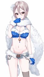 Rule 34 | 1girl, bad id, bad pixiv id, blue gloves, breasts, brown thighhighs, cleavage, cowboy shot, earrings, fur scarf, gloves, hair ornament, idolmaster, idolmaster cinderella girls, jewelry, looking at viewer, misumi (macaroni), navel, shiomi syuko, short shorts, shorts, silver shorts, simple background, single earring, single thighhigh, smile, solo, stomach, thighhighs, white background