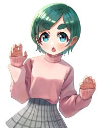 Rule 34 | 1girl, absurdres, aqua eyes, blush, earrings, futomayu-chan (sinohira rin), green hair, grey skirt, hands up, highres, jewelry, open mouth, original, pink sweater, plaid, plaid skirt, pleated skirt, short hair, simple background, sinohira rin, skirt, sleeves past wrists, solo, sweater, white background