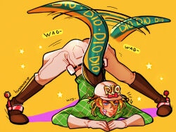 Rule 34 | 1boy, absurdres, artist name, bandaid, bandaid on cheek, bandaid on face, blonde hair, blue eyes, boots, bow, brown footwear, brown gloves, brown pants, commentary, cowboy boots, diego brando, dinosaur tail, elbow gloves, english commentary, full body, gloves, green sweater, helmet, highres, huyandere, jack-o&#039; challenge, jojo no kimyou na bouken, knee boots, male focus, medium hair, pants, red bow, signature, smile, solo, spurs, star (symbol), steel ball run, sweater, tail, tail wagging, top-down bottom-up