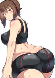 Rule 34 | 1girl, ass, bike shorts, blush, breasts, brown eyes, brown hair, covered erect nipples, girls und panzer, large breasts, nishizumi maho, simple background, solo, sports bra, white background, yottan