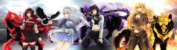 Rule 34 | 4girls, absurdres, ahoge, animal, animal ears, bare shoulders, belt, bird, black dress, black footwear, black gloves, black hair, black legwear, black panther, black skin, blake belladonna, blonde hair, blue dress, blue eyes, breasts, brown jacket, brown pants, buckle, cape, cat ears, claws, cleavage, cloak, coattails, colored skin, commentary, commission, corset, cost, cropped jacket, cross, crystal, detached sleeves, dinosaur, dress, earrings, english commentary, fingerless gloves, flower, frilled dress, frills, garter straps, gloves, gradient hair, grey eyes, grimm (rwby), high collar, high heels, highres, hood, hooded cloak, jacket, jewelry, large breasts, laser, pantyhose under shorts, long hair, long sleeves, looking at viewer, manu-chann, midriff, mountain, multicolored hair, multiple girls, necklace, no pupils, open mouth, orange scarf, owl, panther, pants, pantyhose, pendant, petals, ponytail, puffy short sleeves, puffy sleeves, purple eyes, raptor, red cape, red hair, rock, rose, rose petals, ruby rose, rwby, scar, scar across eye, scar on face, scarf, shirt, short hair, short sleeves, shorts, side ponytail, sitting, sleeveless, sleeveless shirt, strapless, tail, teeth, tiara, tube top, two-tone hair, velociraptor, waist cape, wavy hair, weiss schnee, white hair, wide sleeves, wolf, wolf ears, wolf tail, yang xiao long, yellow eyes, yellow shirt