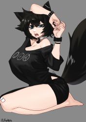 Rule 34 | 1girl, absurdres, animal ears, annoyed, bandaid, bandaid on knee, bandaid on leg, barefoot, bionicle, black hair, black shirt, black shorts, blue eyes, borrowed character, breasts, cleavage, ear piercing, fangs, from side, grey background, highres, l4wless, large breasts, looking at viewer, multicolored eyes, off-shoulder shirt, off shoulder, open mouth, original, own hands together, piercing, seiza, shirt, short shorts, shorts, sitting, solo, studded bracelet, tail, the lego group, v-shaped eyebrows, wolf ears, wolf girl, wolf tail