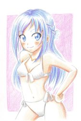Rule 34 | 10s, 1girl, bikini, blue eyes, blue hair, blush, bow, braid, breasts, collarbone, commentary request, dokidoki! precure, front-tie top, hair bow, hair ornament, half updo, hand on own hip, highres, hishikawa rikka, long hair, looking at viewer, matching hair/eyes, navel, pixiv id 1322248, precure, ribbon, side-tie bikini bottom, small breasts, smile, solo, swimsuit, traditional media, white bikini