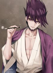 Rule 34 | 1boy, beard, brown background, closed mouth, collarbone, danganronpa (series), facial hair, hair between eyes, holding, japanese clothes, kimono, light particles, long sleeves, looking at viewer, male focus, momota kaito, danganronpa v3: killing harmony, open clothes, pectorals, smoking pipe, purple eyes, purple hair, sakuyu, smile, smoking, solo, spiked hair, twitter username, upper body, white kimono, wide sleeves